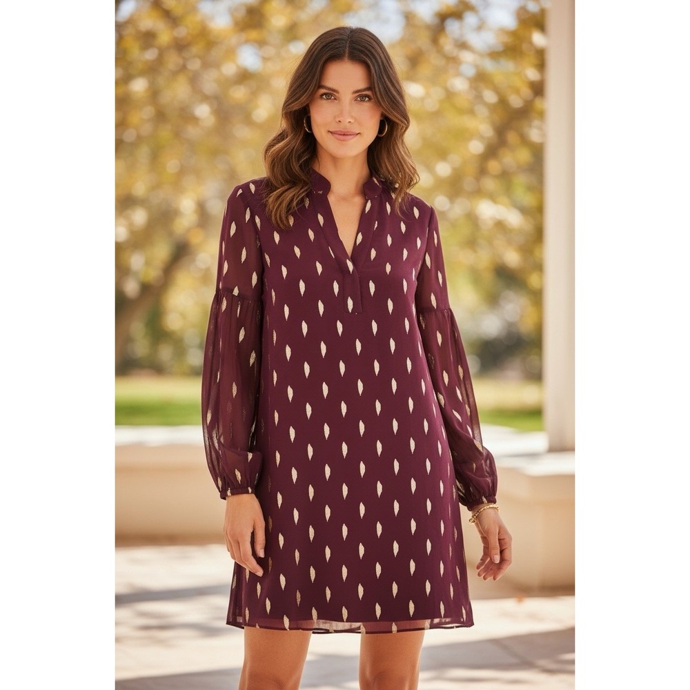 Lilly Pulitzer Size 2 Shea Silk Tunic Dress Cabernet Gold Metallic Diamond Clip
